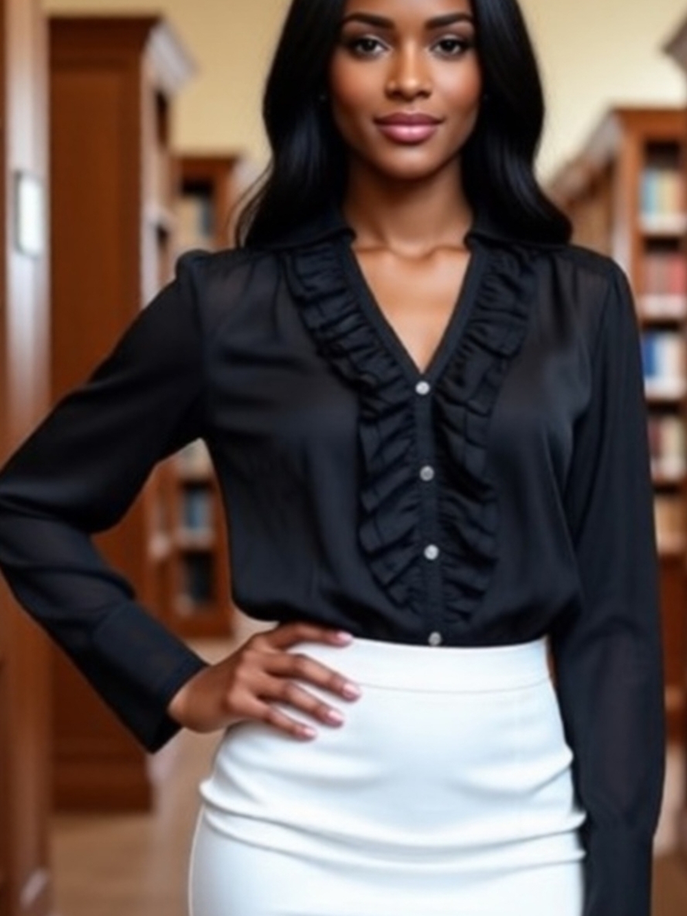 White House Black Market Ruffle V-Neck Button-Front Blouse NWOT